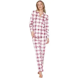 Pastunette dames Pyjama: Rode carree, Fleece, doorknoop model ( PAS.182 )