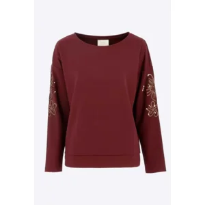 Signe Nature Sweater met rol kol: Bordeau, tweed motief ( Signe.1403 )