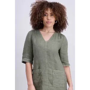 Signe Nature Dames kleed: Linnen, Kaki, korte mouw ( Signe.1377 )
