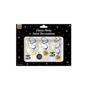 Hangdecoratie - 25 jaar - Swirls - Zwart / goud - 6dlg.