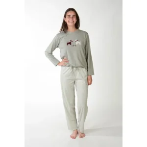 Perlina Dames Pyjama: Valentina A, Bordeaux of Groen, Interlock Brushed ( LIN.156 / LINA.157 )