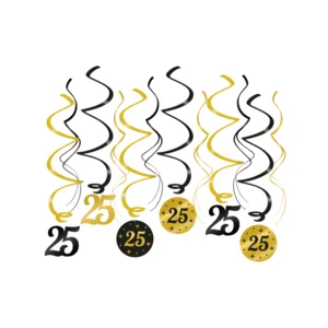 Hangdecoratie - 25 jaar - Swirls - Zwart / goud - 6dlg.